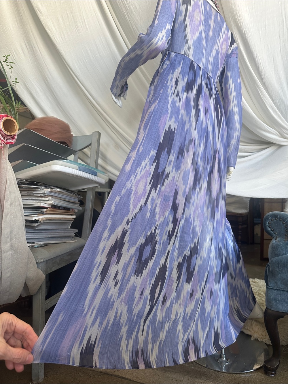 Vintage Silk Chiffon IKAT ornament fabric lilac Blues Long Dress Low cut Ties